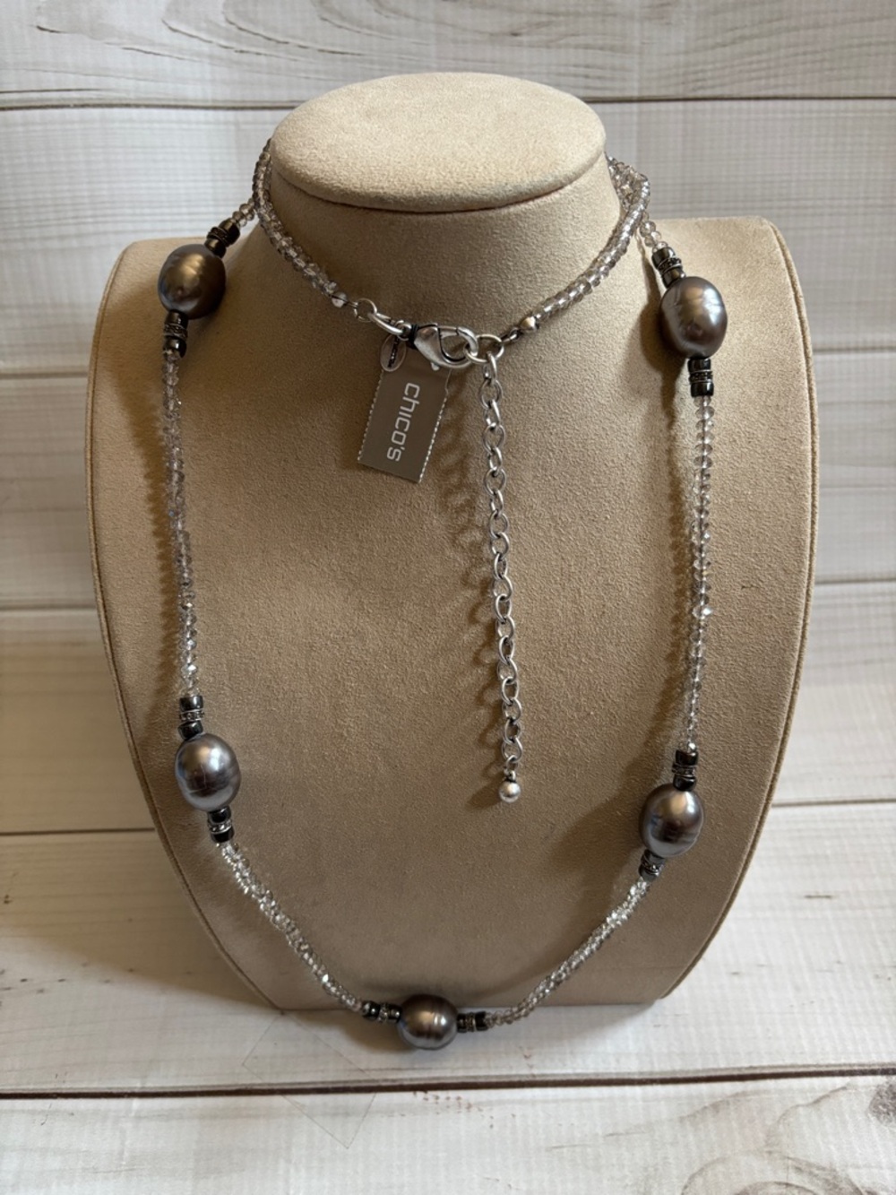Chico's Smoky Grey Beaded Layered Necklace with Faux Pearl Accents